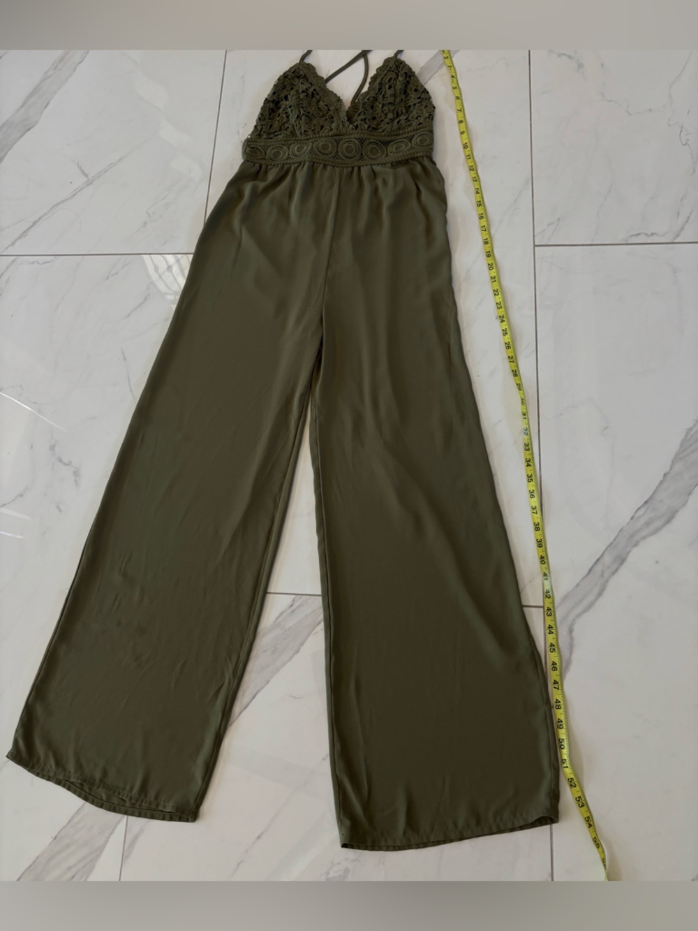 Blashe Olive Crochet Bodice Wide-Leg Jumpsuit Open Back V Neck Like New - Picture 14 of 16